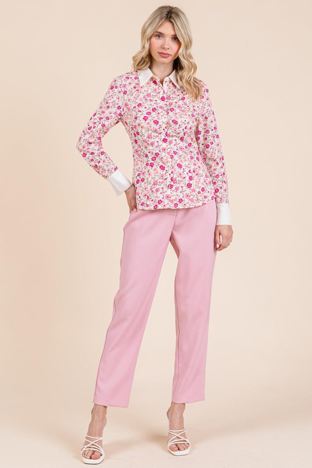 Contrast Collar Floral Long Sleeve Blouse Tops Product Image