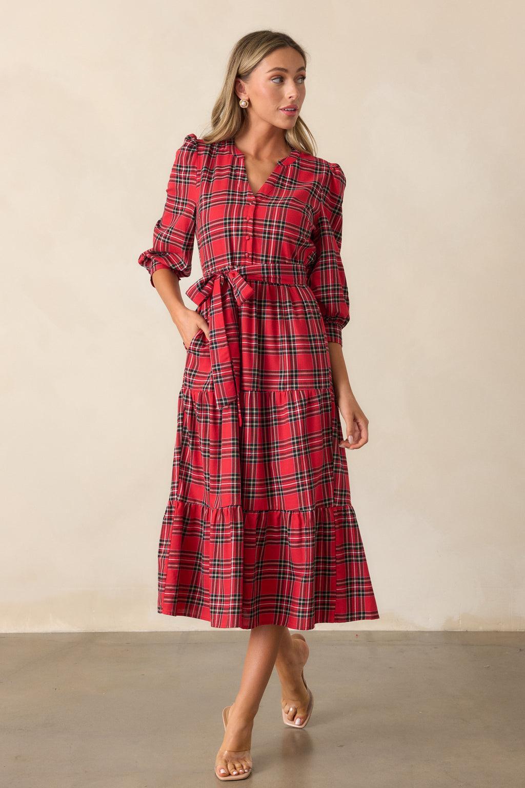 A Simple Glow Cotton Red Long Sleeve Midi Dress Product Image