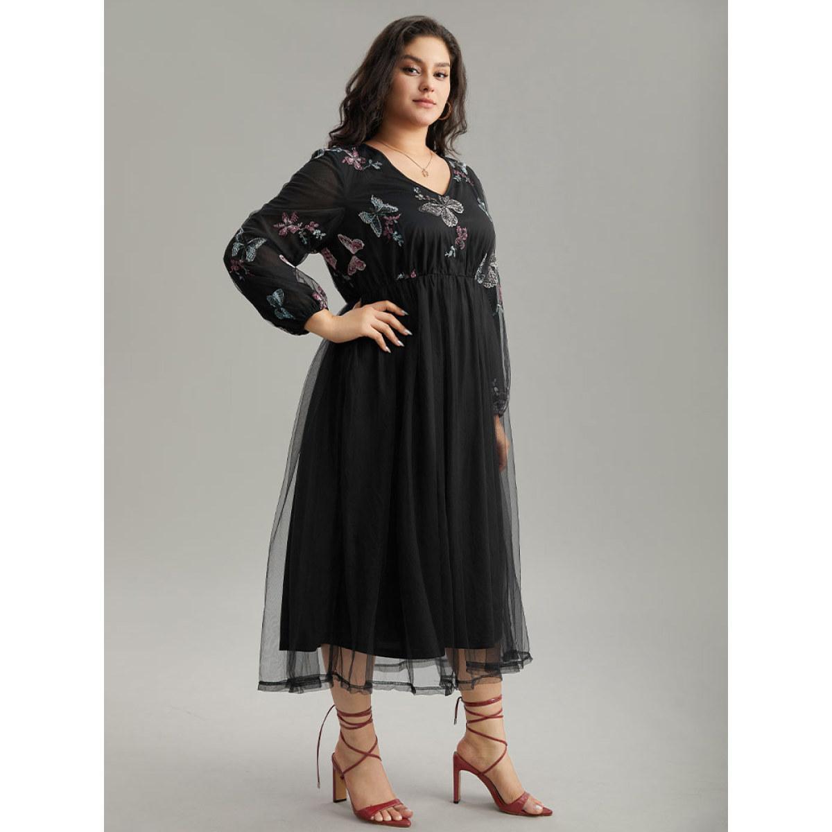 Plus Size Butterfly Embroidered Mesh Gathered Patchwork Dress Black Women Party Elastic cuffs V-neck Long Sleeve Curvy Midi Dress BloomChic 30/6X Product Image