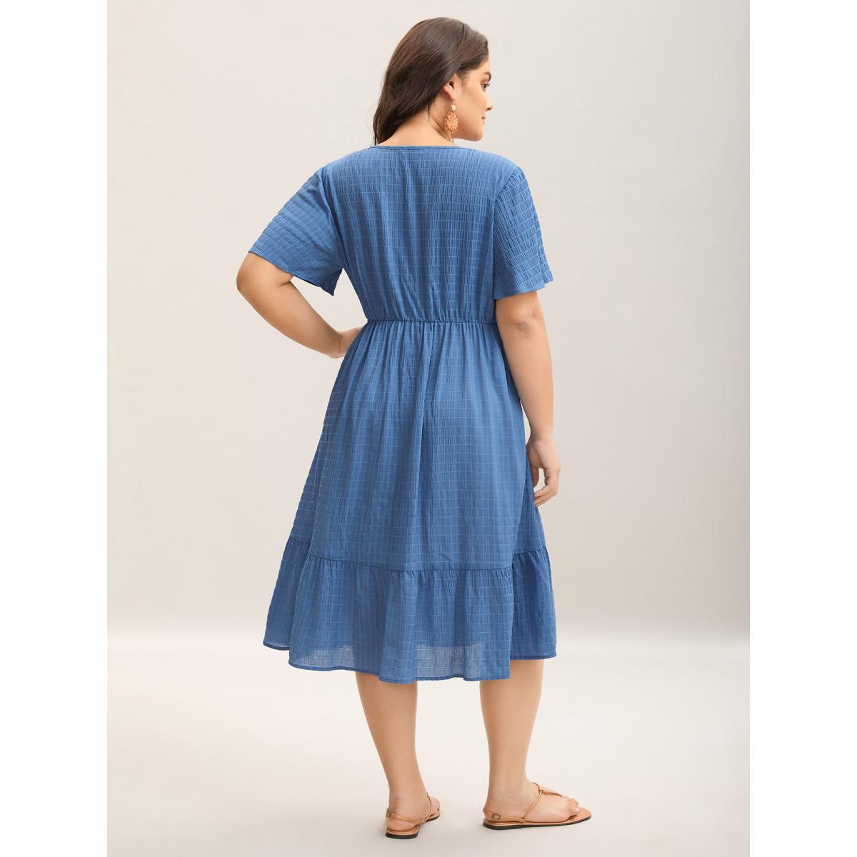 Plus Size Lace Textured Pockets Tiered Midi Dress Mediumblue Women V-neck Short sleeve Curvy BloomChic 12/L Product Image