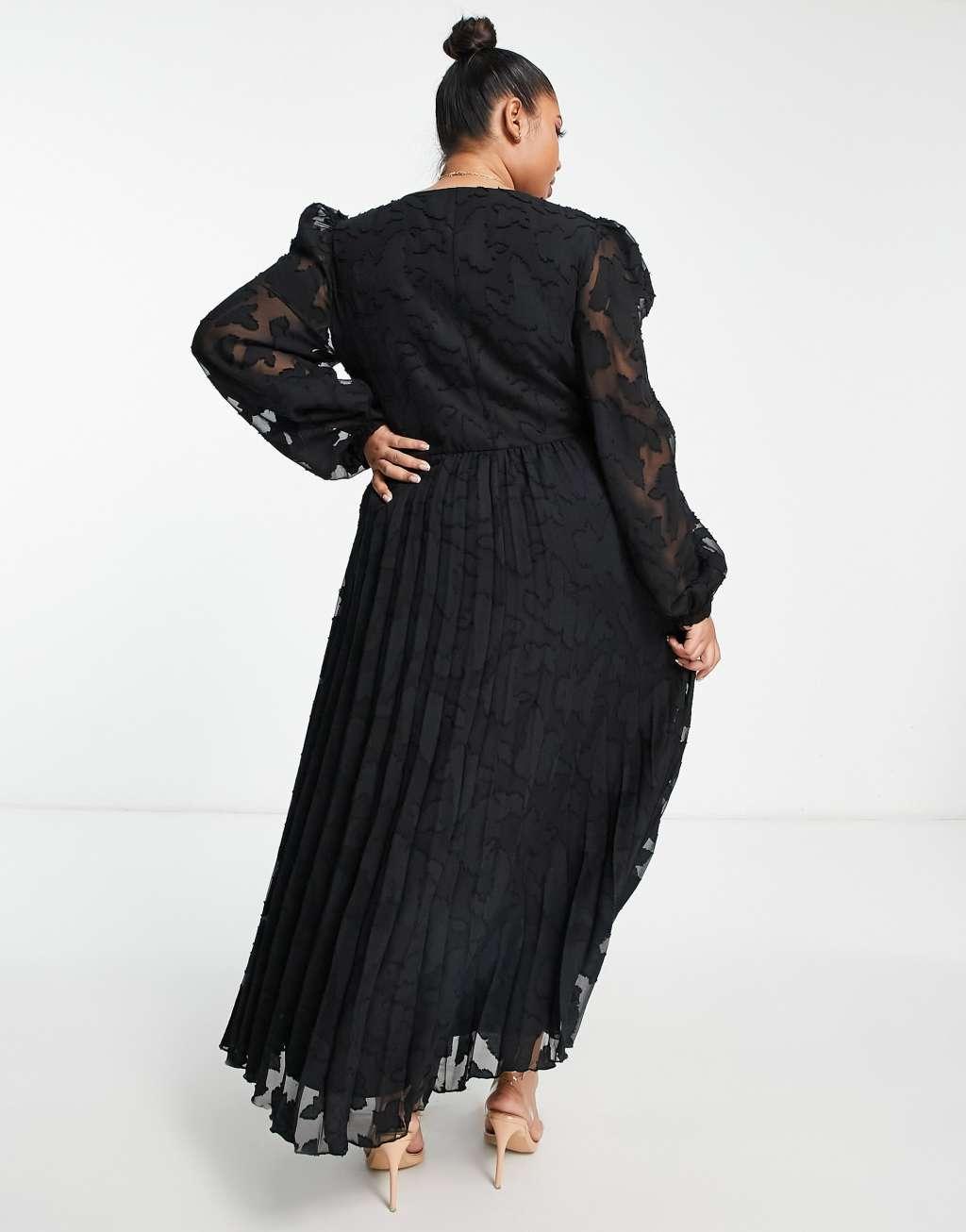 ASOS DESIGN Curve burnout button through shirred waist pleated midi dress Product Image
