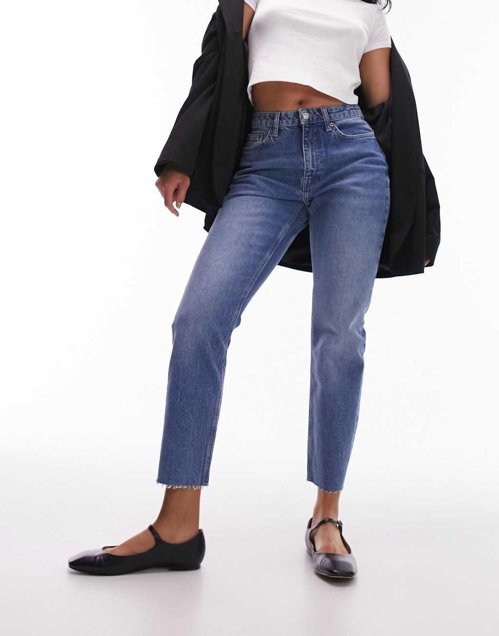 Topshop Hourglass cropped mid rise straight jeans with raw hems in mid blue  Product Image