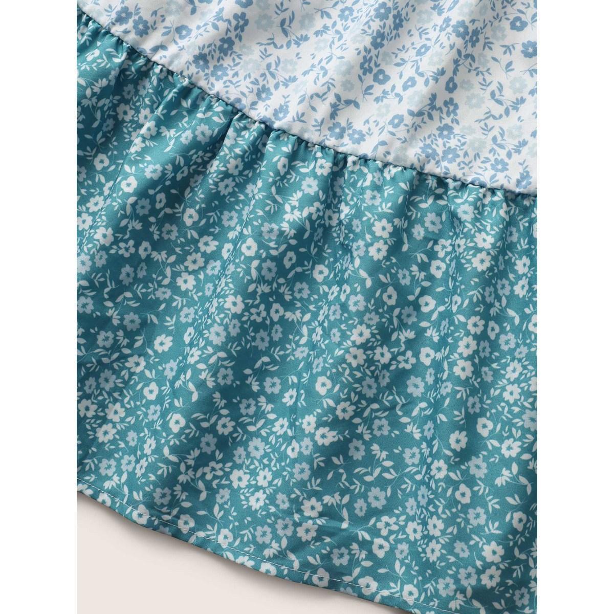 Plus Size Ditsy Floral Patchwork Frill Trim Dress LightBlue Women Casual Boat Neck Sleeveless Curvy BloomChic 22-24/3X Product Image