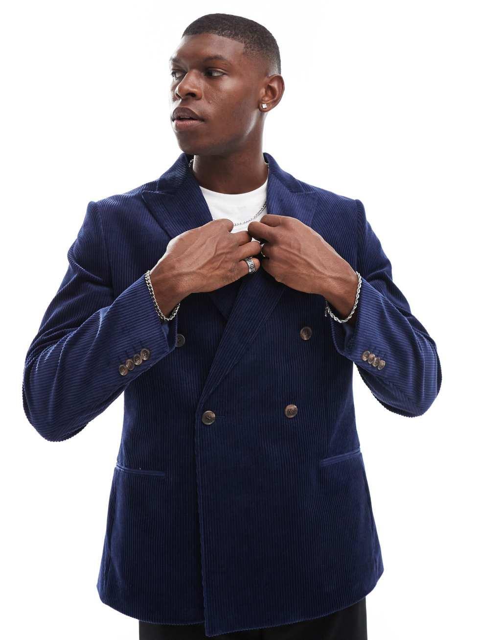  ASOS DESIGN slim fit double breasted corduroy blazer in navy Product Image