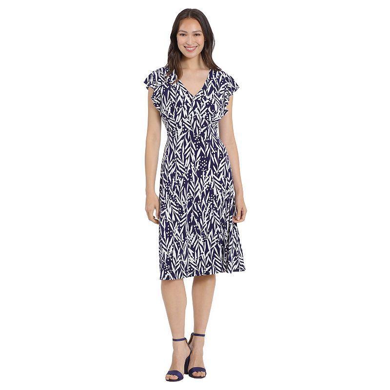 Womens London Times Ruffle Sleeve Print Midi Dress Pink White Product Image