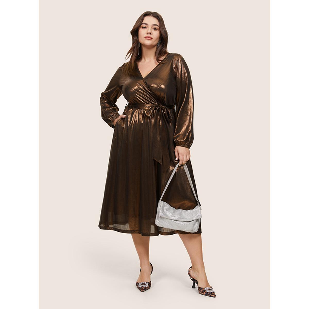 Plus Size Metallic Belted Wrap Lantern Sleeve Dress Bronze Women Cocktail Elastic cuffs Overlap Collar Long Sleeve Curvy Midi Dress BloomChic 10/M Product Image