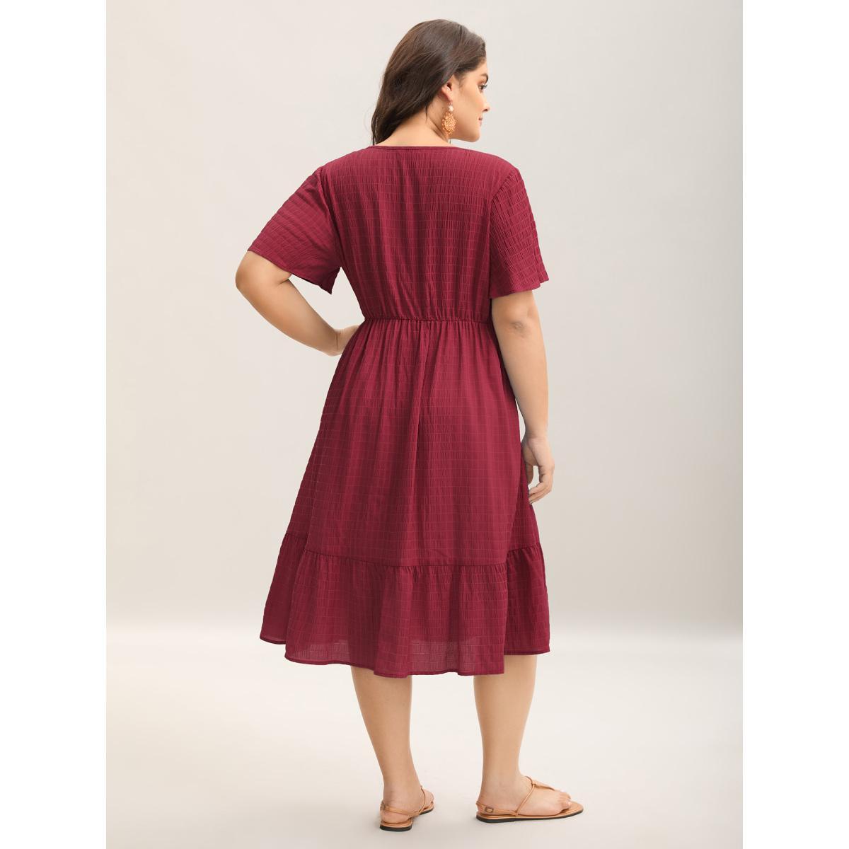 Plus Size Lace Textured Pockets Tiered Midi Dress Burgundy Women V-neck Short sleeve Curvy BloomChic 14-16/1X Product Image