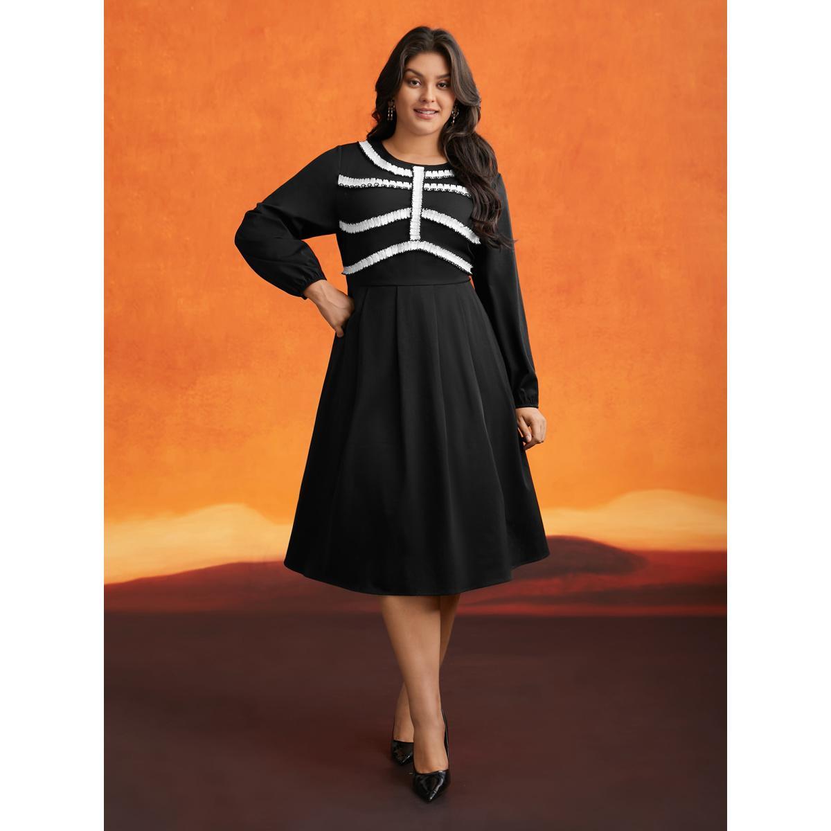 Plus Size Black And White Pleated Ribbon Midi Dress Black Women Cocktail Contrast Party Curvy Bloomchic 18-20/2X Product Image