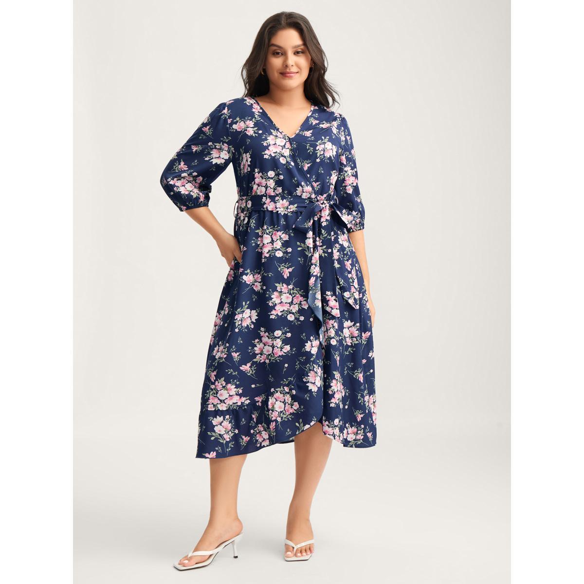 Plus Size Floral Print Belted Wrap Hem Midi Dress Skyblue Women Overlap Collar Elbow-length sleeve Curvy BloomChic 22-24/3X Product Image