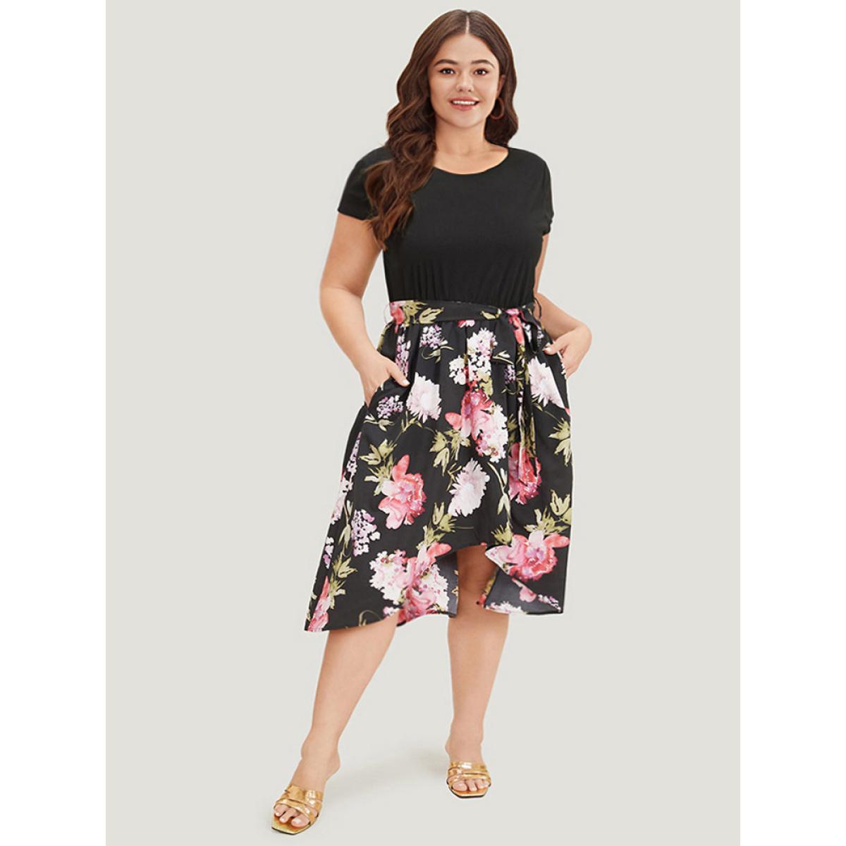 Plus Size Floral Print Patchwork Pocket Belted Asymmetrical Hem Dress Black Women Glamour Plain Round Neck Short sleeve Curvy Midi Dress BloomChic 30/6X Product Image