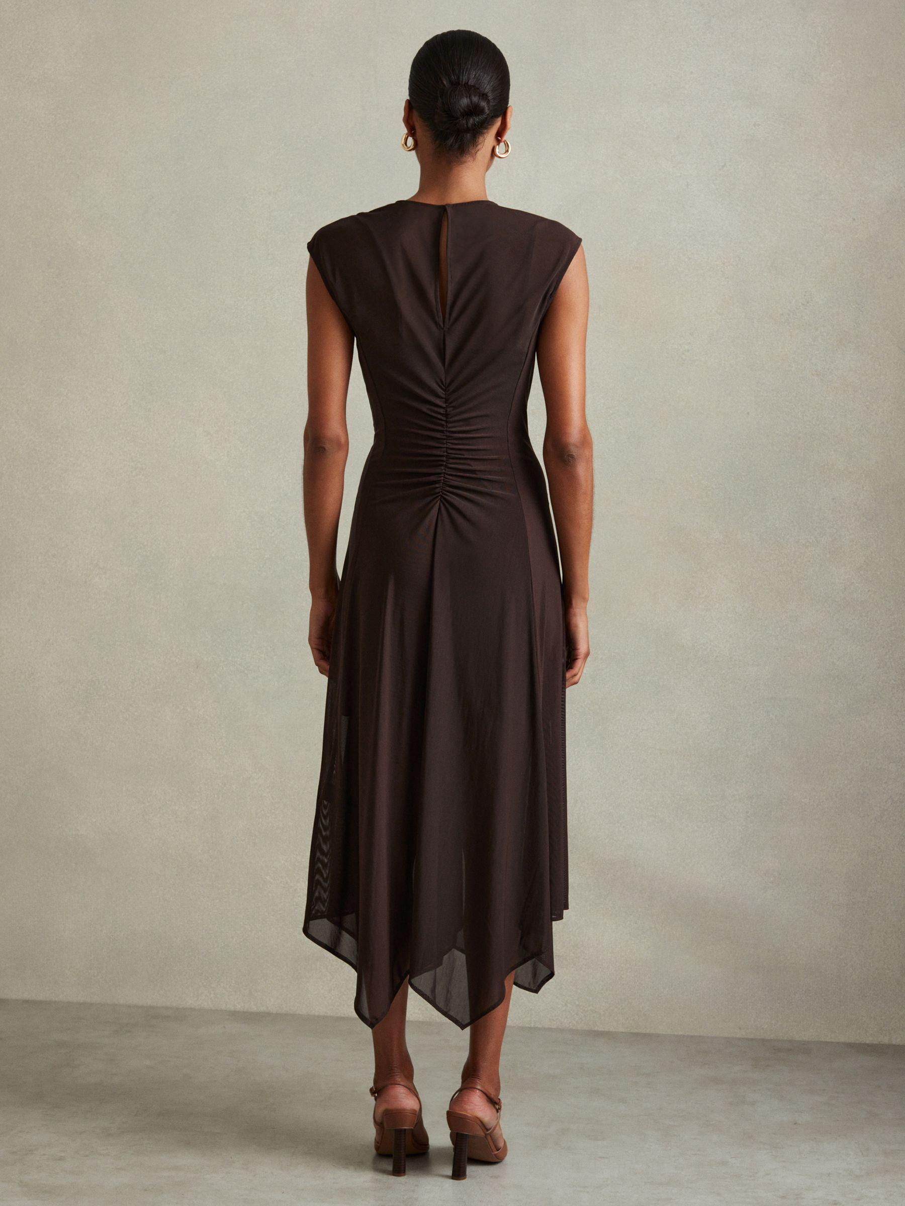 Petite Mesh Ruched Midi Dress in Chocolate Product Image