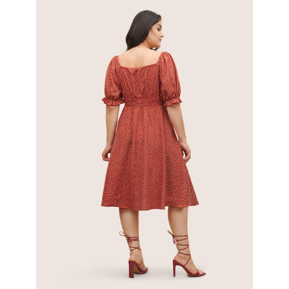 Plus Size Polka Dot Ties Lantern Sleeve Gathered Dress Rust Women Elegant Non Square Neck Short sleeve Curvy Midi Dress BloomChic 22-24/3X Product Image