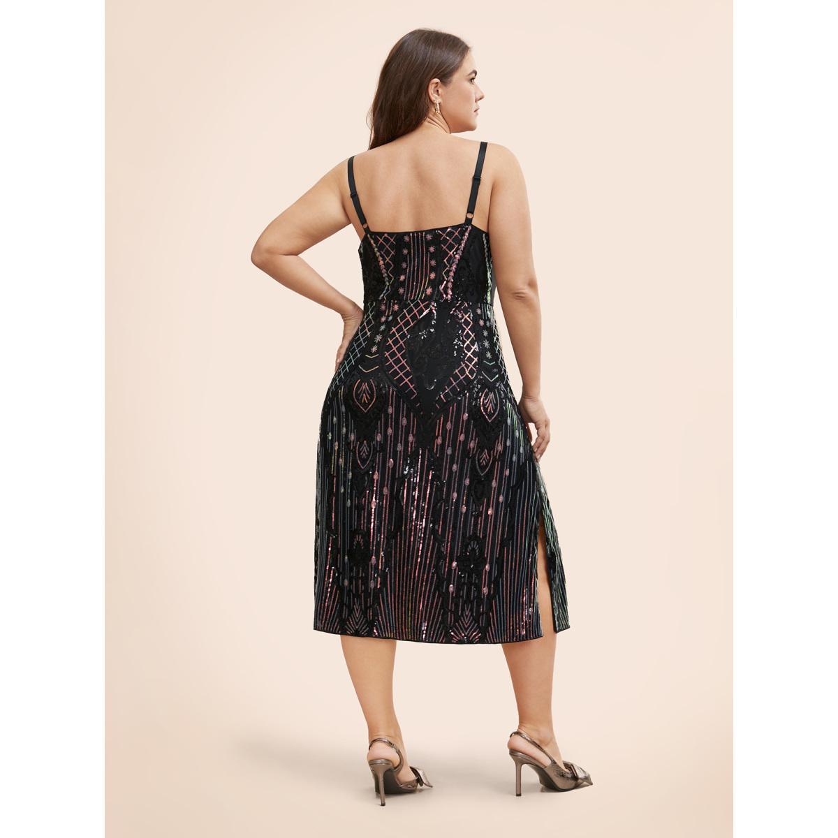 Plus Size Geometric Sequin Split Hem Cami Dress Black Women Cocktail Texture Non Sleeveless Curvy BloomChic 18-20/2X Product Image