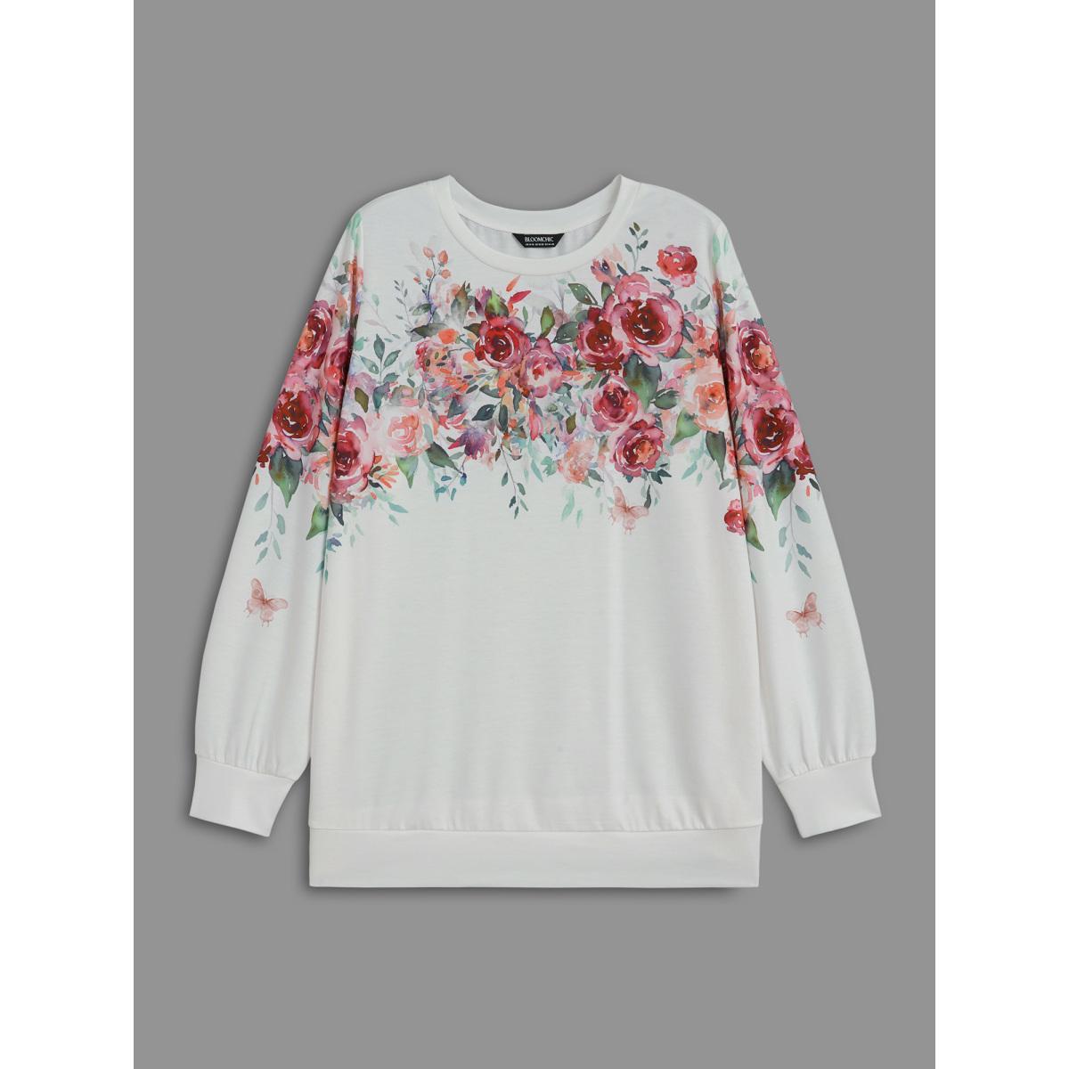 Plus Size Watercolor Floral Print Round Neck Sweatshirt Women WhiteSmoke Elegant Contrast Loose Round Neck Everyday Sweatshirts BloomChic 22-24/3X Product Image