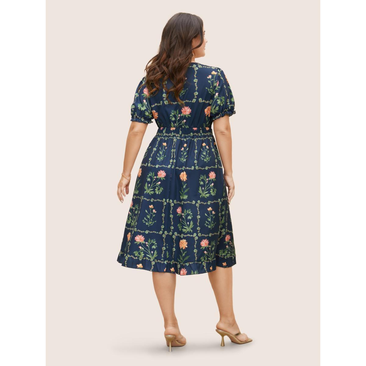 Plus Size Boho Print Tie Knot Shirred Lantern Sleeve Dress Indigo Women Elegant Square Neck Short sleeve Curvy BloomChic 12/L Product Image