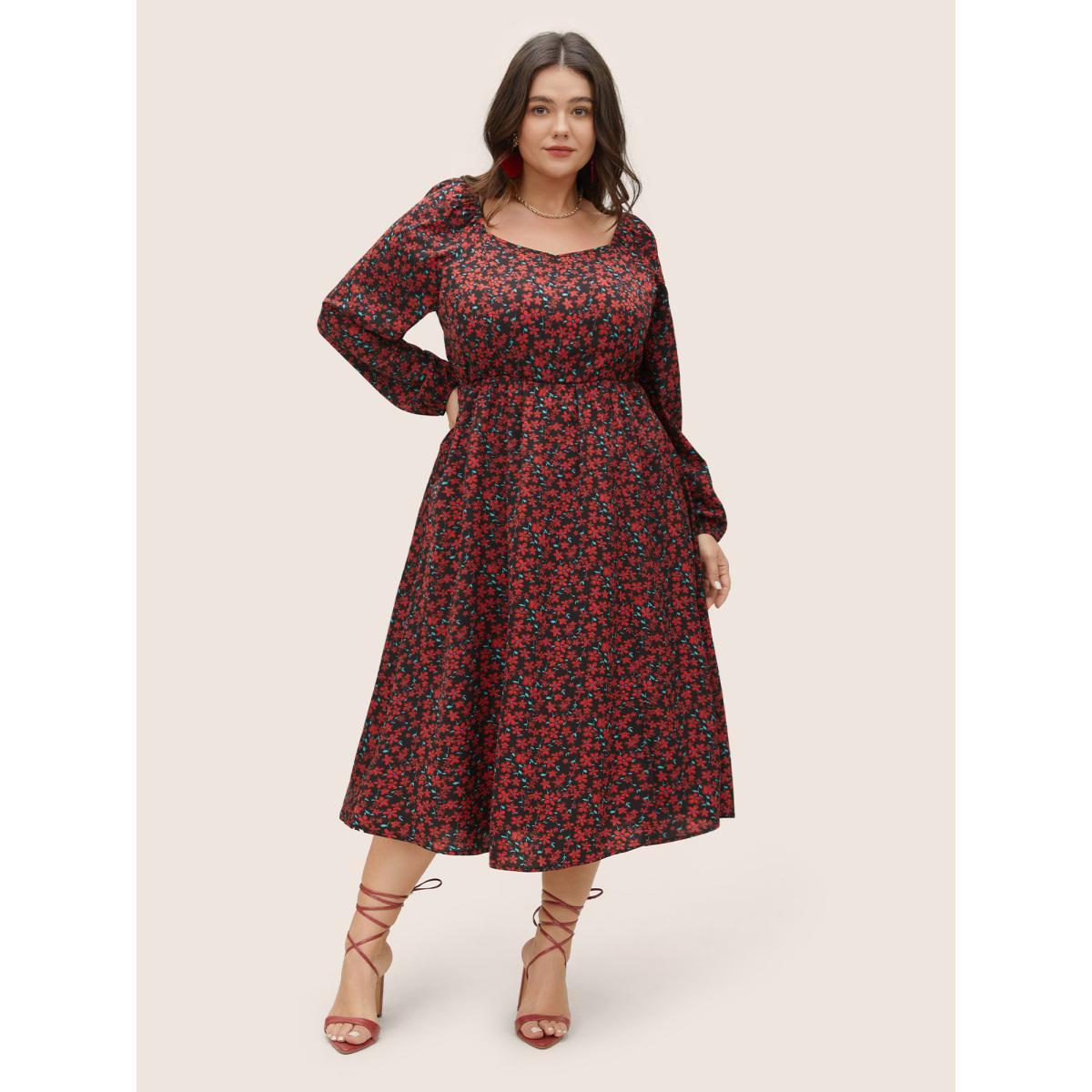 Plus Size Ditsy Floral Square Neck Split Side Dress Black Women Elegant Elastic cuffs Square Neck Long Sleeve Curvy Midi Dress BloomChic 26/4X Product Image