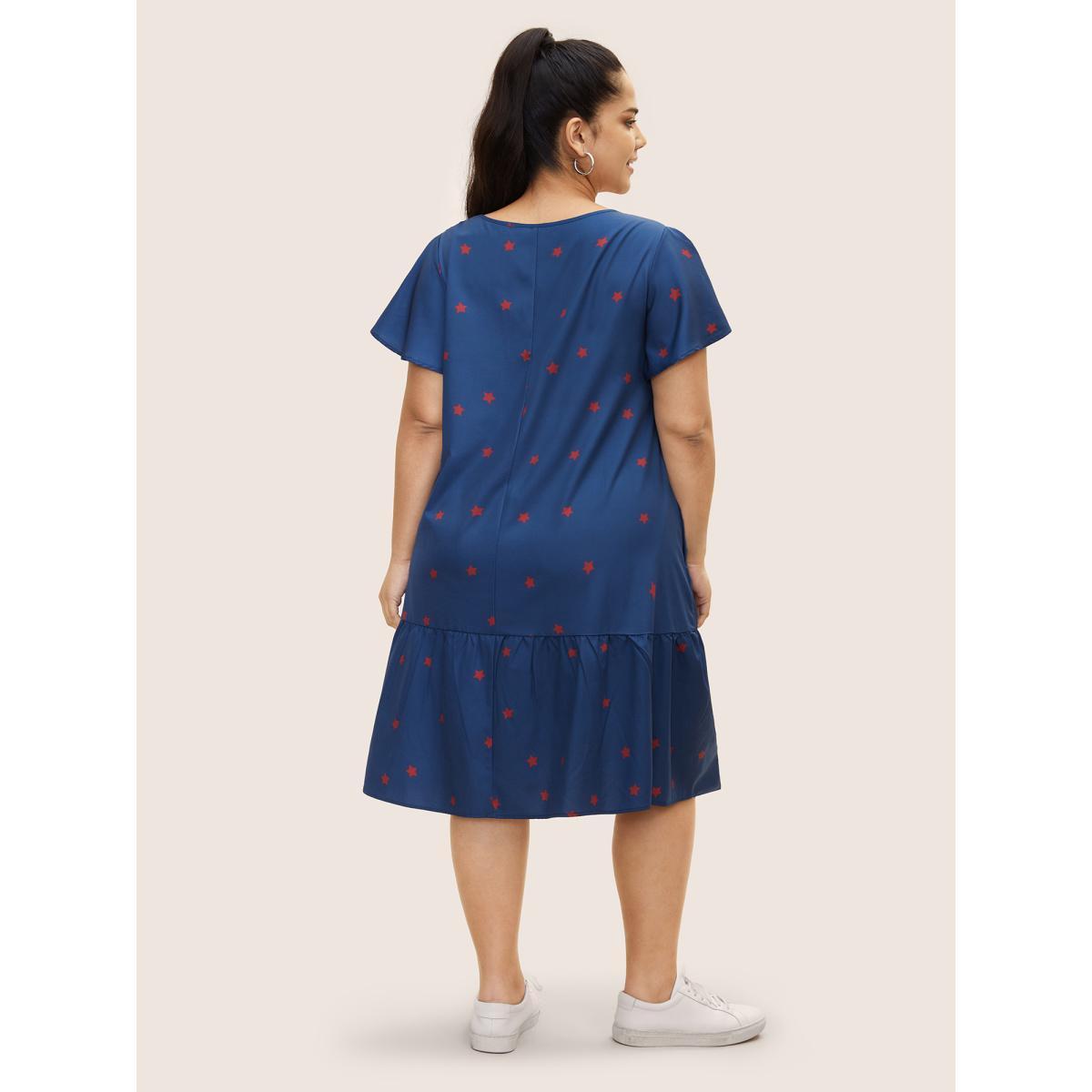 Plus Size Star Pleated Tie Knot Ruffle Sleeve Dress Mediumblue Women Casual Notched collar Short sleeve Curvy BloomChic 30/6X Product Image