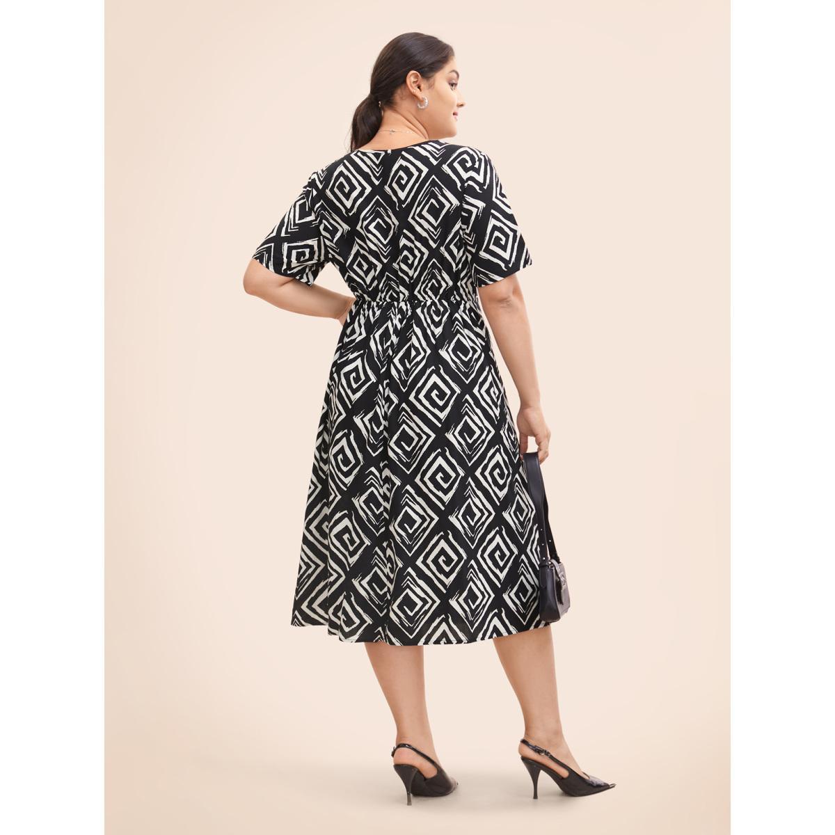 Plus Size Geometric Twist Front Midi Dress Black Women At the Office Twist V-neck Short sleeve Curvy BloomChic 22-24/3X Product Image