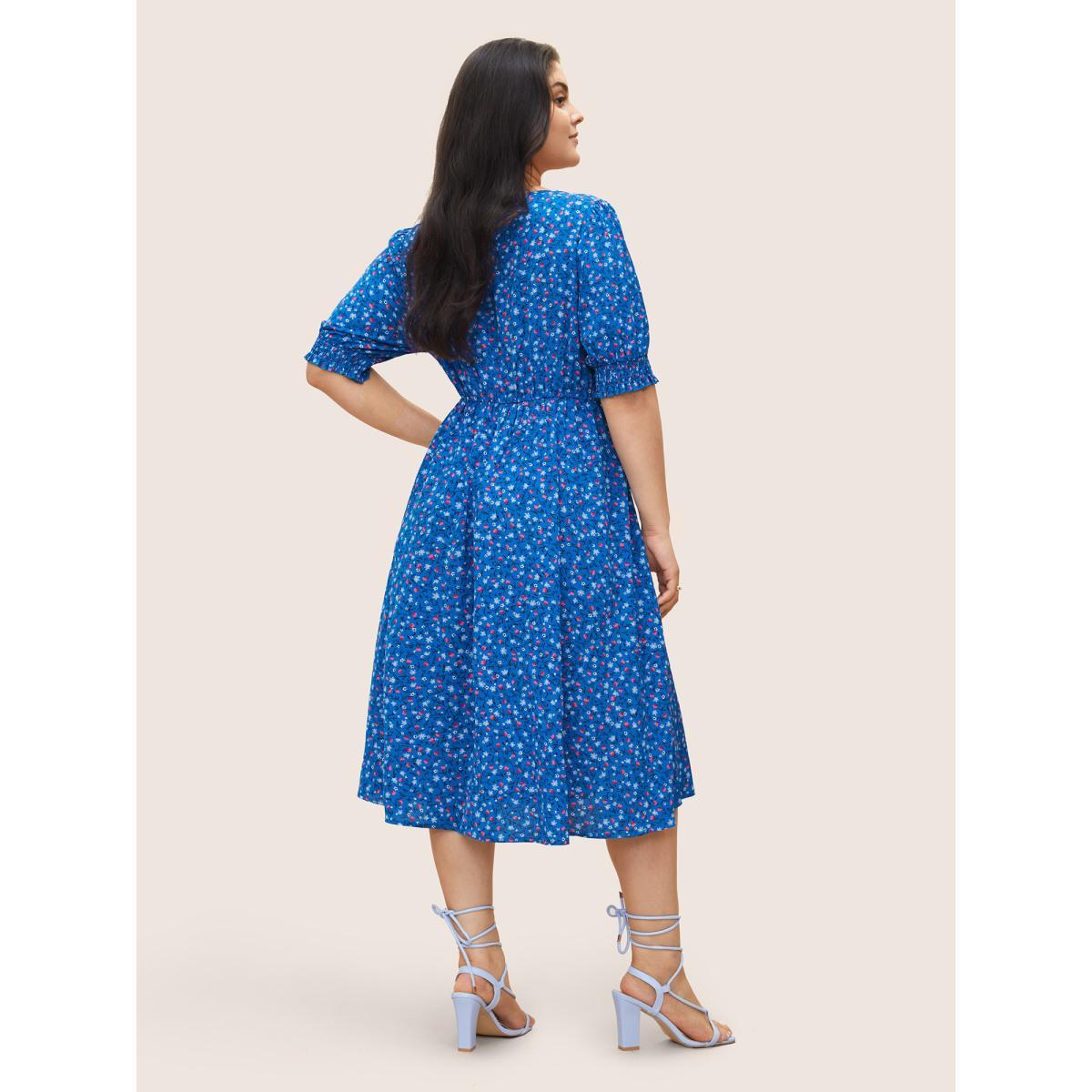 Plus Size Ditsy Floral Drawstring Shirred Cuffs Dress Blue Women Elegant Non Square Neck Half Sleeve Curvy Midi Dress BloomChic 28/5X Product Image
