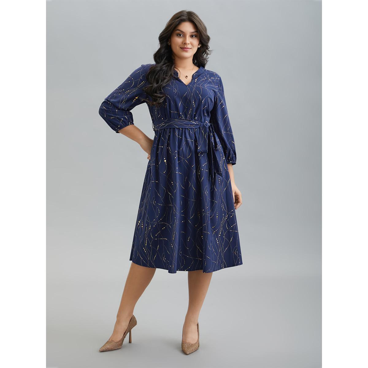 Plus Size Glitter Notched Collar Belted Midi Dress Indigo Women Elegant Texture Notched collar Elbow-length sleeve Curvy BloomChic 26/4X Product Image