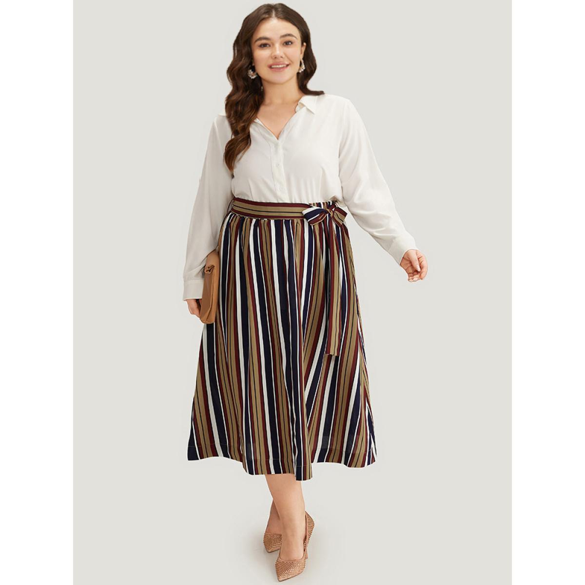 Plus Size Striped Ties Elastic Waist A-line Skirt Women DarkBlue Office A-line Loose No stretch Belt Work Skirts BloomChic 14-16/1X Product Image