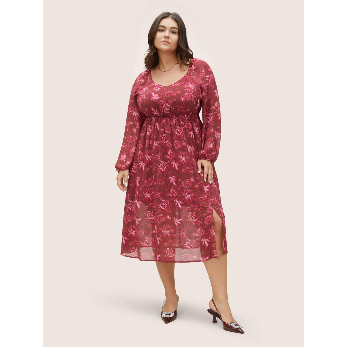 Plus Size Square Neck Floral Shirred Gathered Mesh Dress Russet Women Elegant See through Square Neck Long Sleeve Curvy Midi Dress BloomChic 28/5X Product Image