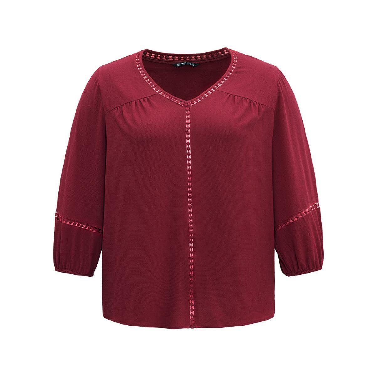 Plus Size Scarlet Plain Lace Patchwork Gathered Lantern Sleeve Blouse Women Elegant Elbow-length sleeve V-neck Dailywear Blouses BloomChic 18-20/2X Product Image