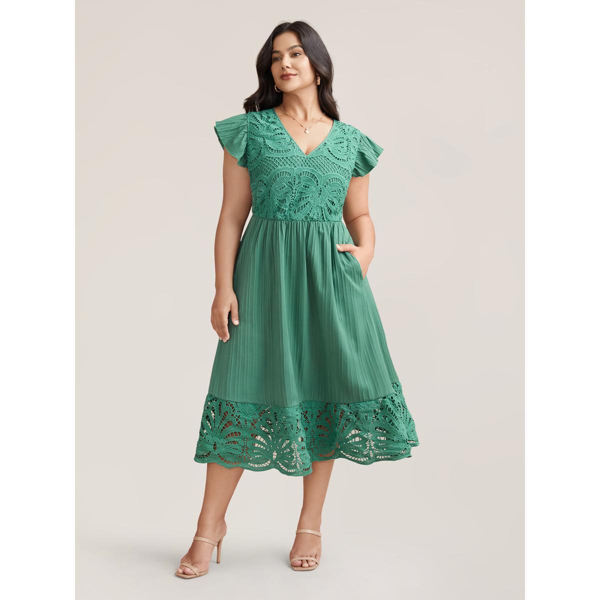 Plus Size Lace Cut-Out Flutter Sleeve Midi Dress Emerald Women Elegant Woven ribbon&lace trim V-neck Cap Sleeve Curvy BloomChic 26/4X Product Image