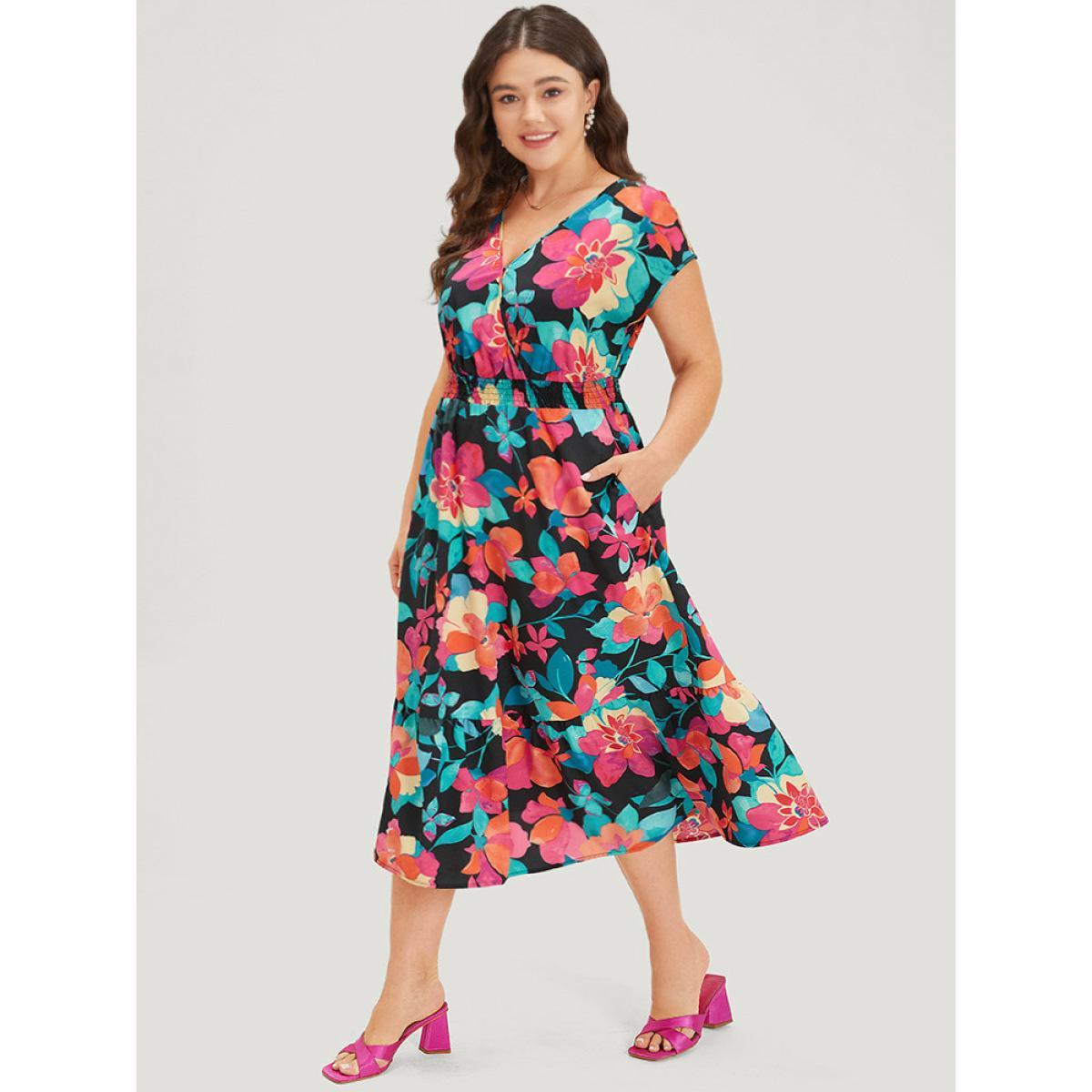 Plus Size Floral Shirred Overlap Collar Batwing Sleeve Dress Black Women Elegant Wrap V-neck Cap Sleeve Curvy Midi Dress BloomChic 22-24/3X Product Image