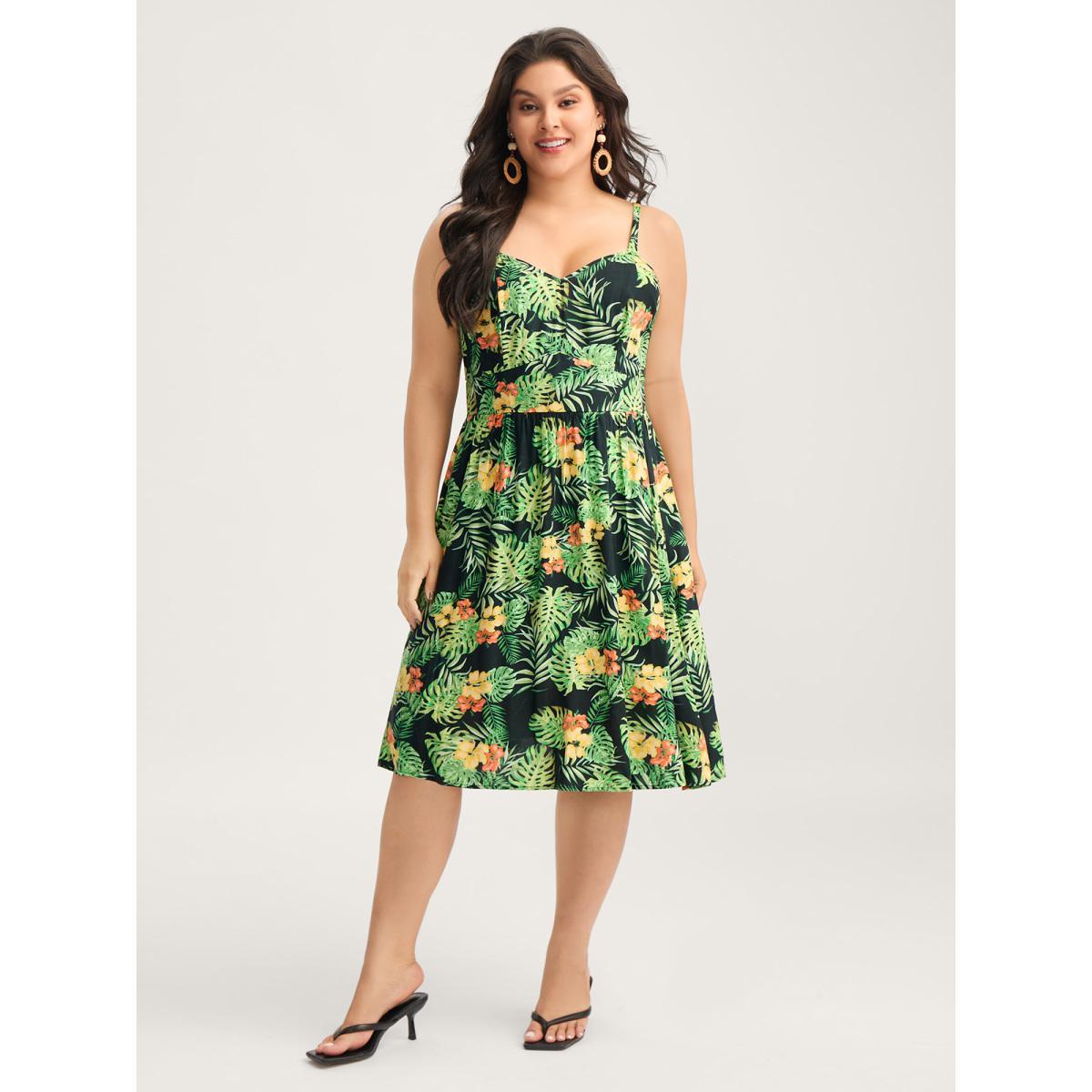 Plus Size Breezy Tropics Shirred Waist Midi Dress Multicolor Women V-neck Sleeveless Curvy BloomChic 18-20/2X Product Image