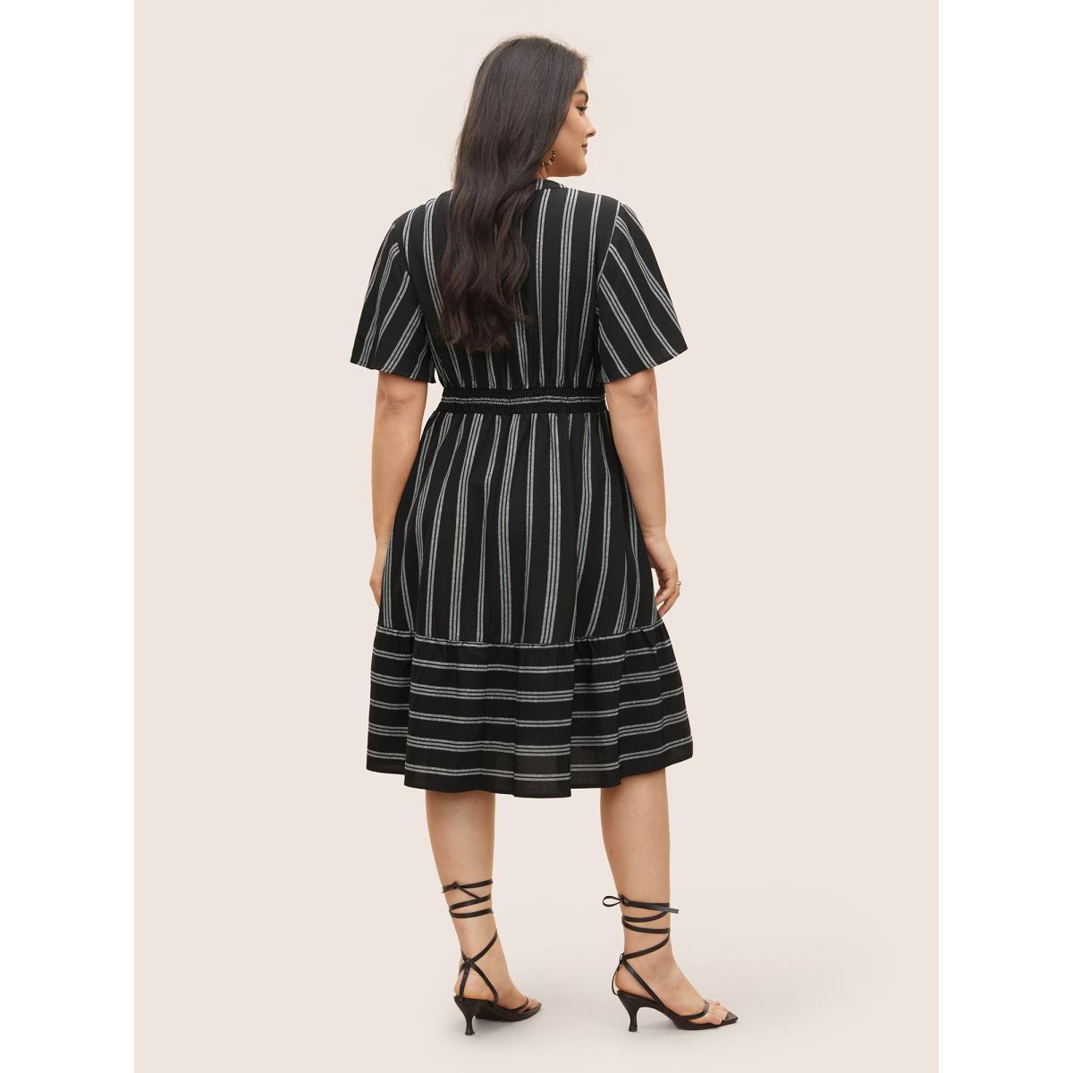 Plus Size Striped Patchwork Tassels Ties Shirred Dress Black Women Resort Non V-neck Short sleeve Curvy Midi Dress BloomChic 14-16/1X Product Image