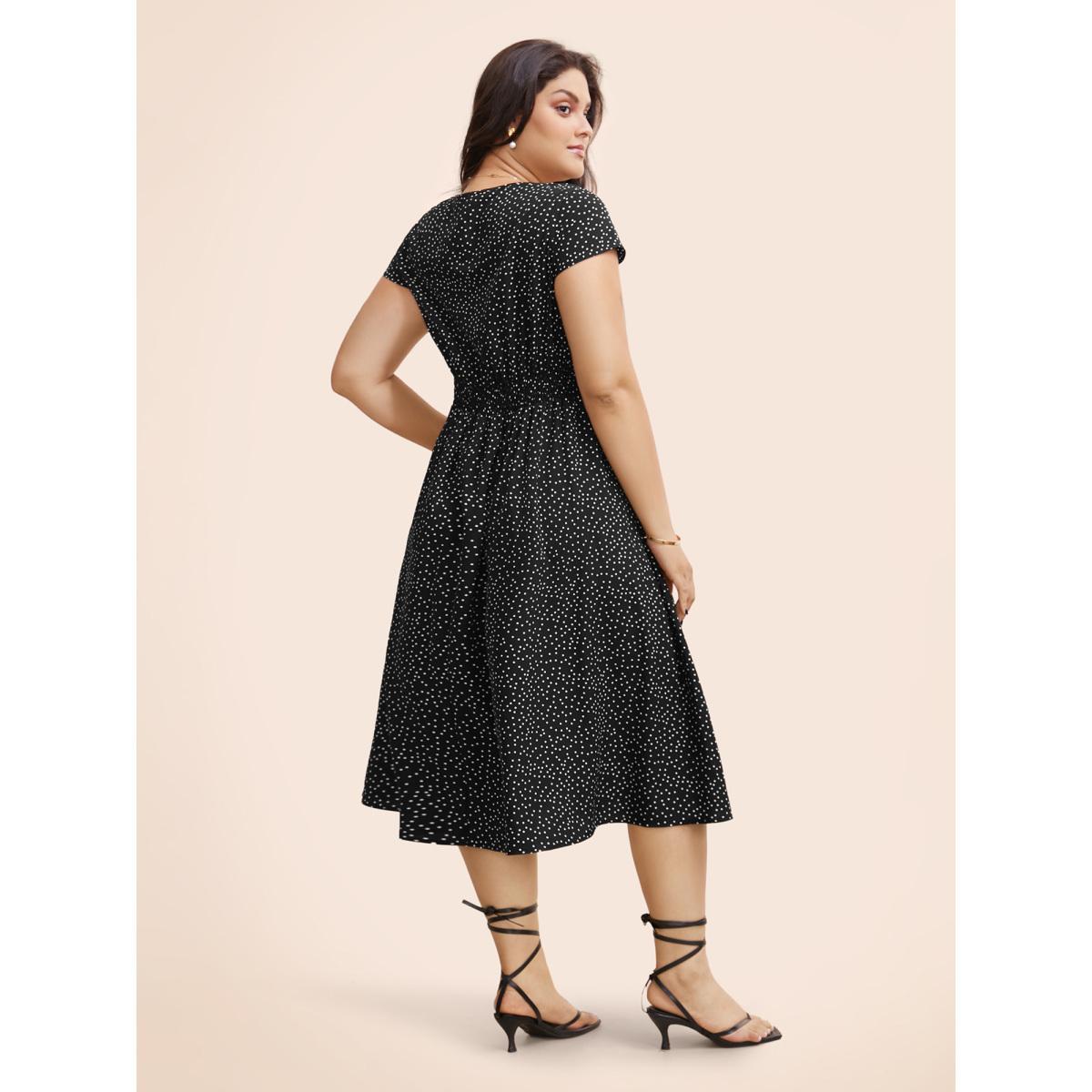 Plus Size Square Neck Polka Dot Shirred Midi Dress Black Women Elegant Shirred Square Neck Cap Sleeve Curvy BloomChic 14-16/1X Product Image
