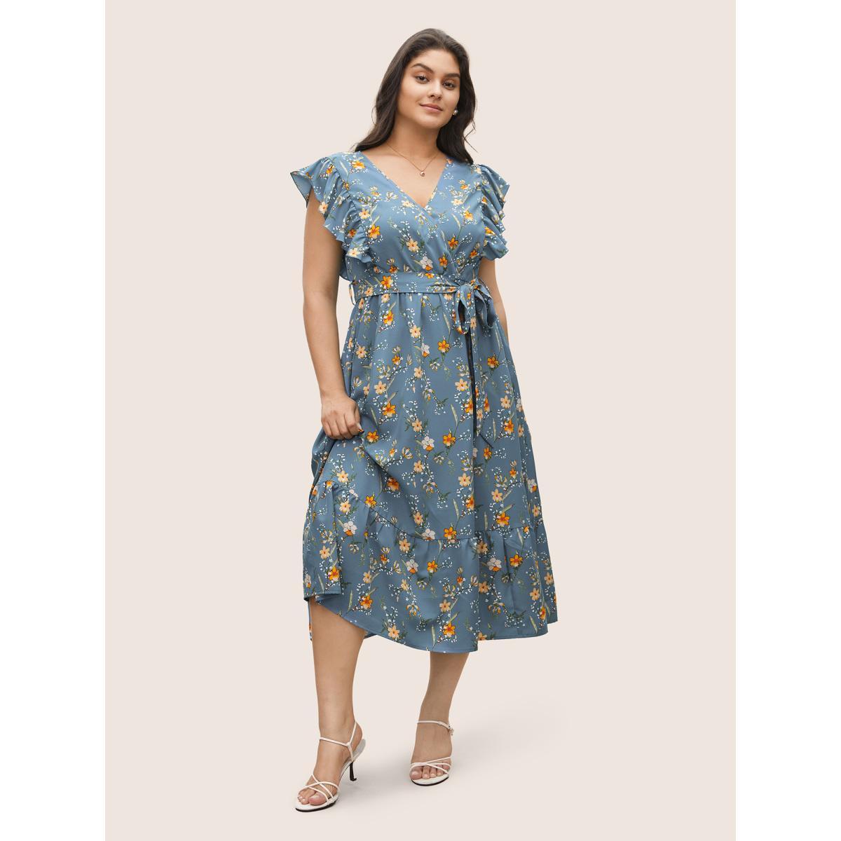 Plus Size Ditsy Floral Flutter Trim Pocket Layered Hem Dress Stone Women Elegant Non Overlap Collar Cap Sleeve Curvy Midi Dress BloomChic 12/L Product Image