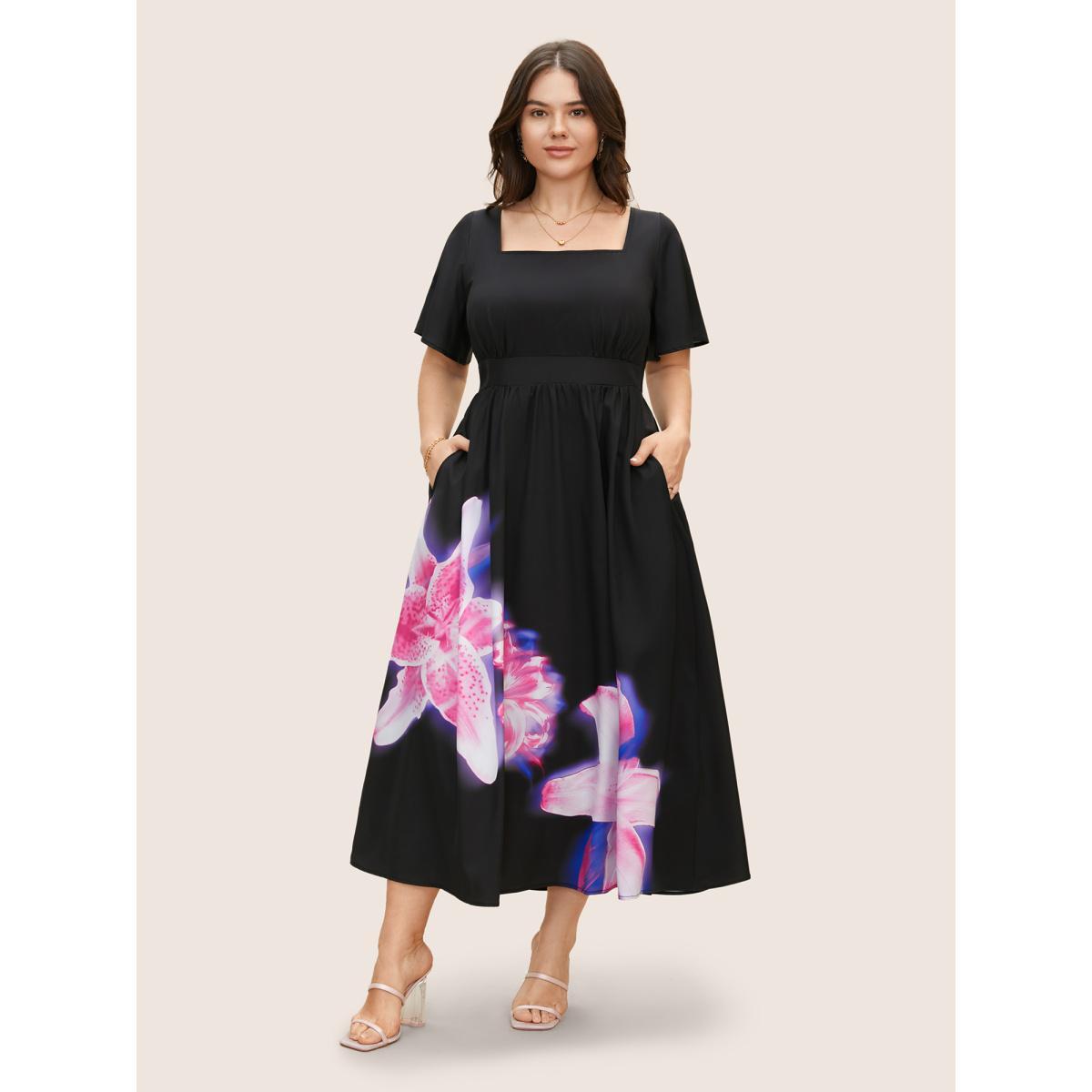 Plus Size Lily Print Square Neck Ruffle Sleeve Midi Dress Black Women Elegant Gathered Square Neck Short sleeve Curvy BloomChic 30/6X Product Image