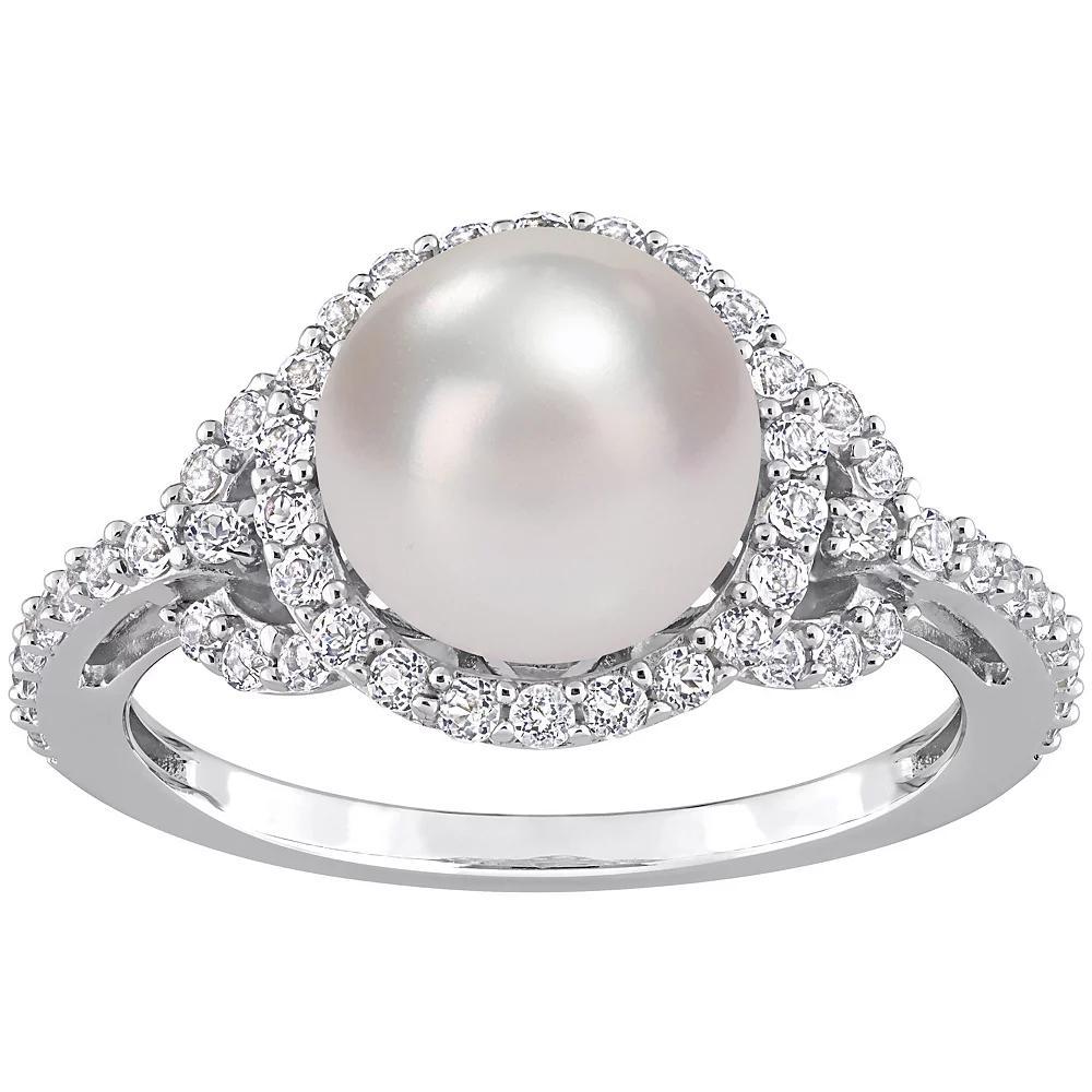 Stella Grace Sterling Silver Freshwater Cultured Pearl & White Topaz Halo Ring, Women's, Size: 8 Product Image