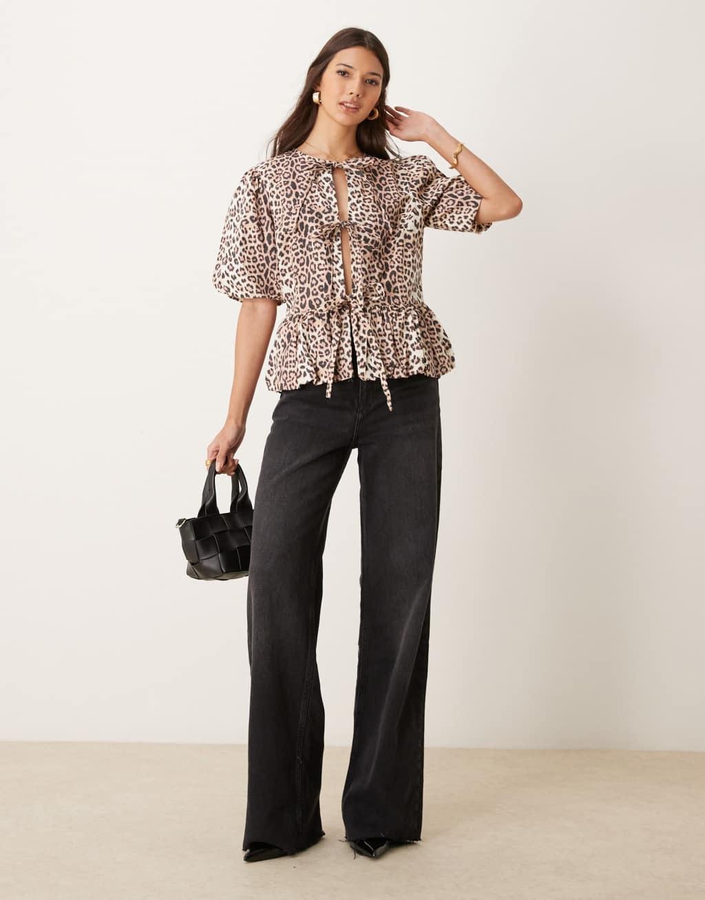 ASOS DESIGN cotton puff sleeve peplum top in leopard print Product Image