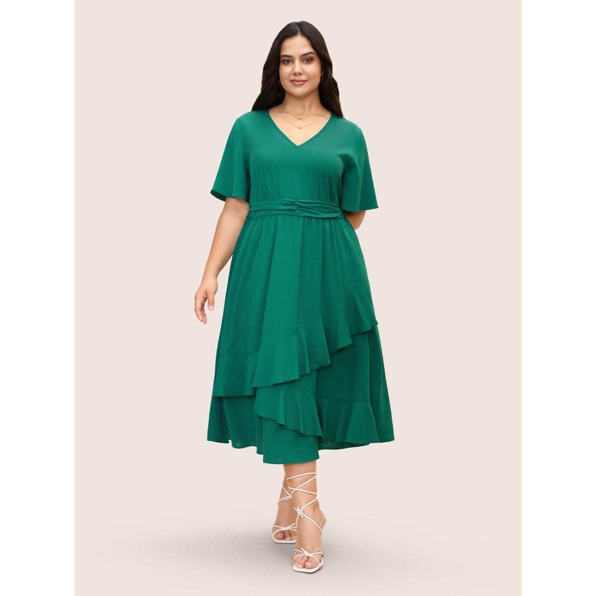 Plus Size Plain Ruched Patchwork Ruffle Trim Dress Emerald Women Elegant Overlapping V-neck Short sleeve Curvy BloomChic 22-24/3X Product Image
