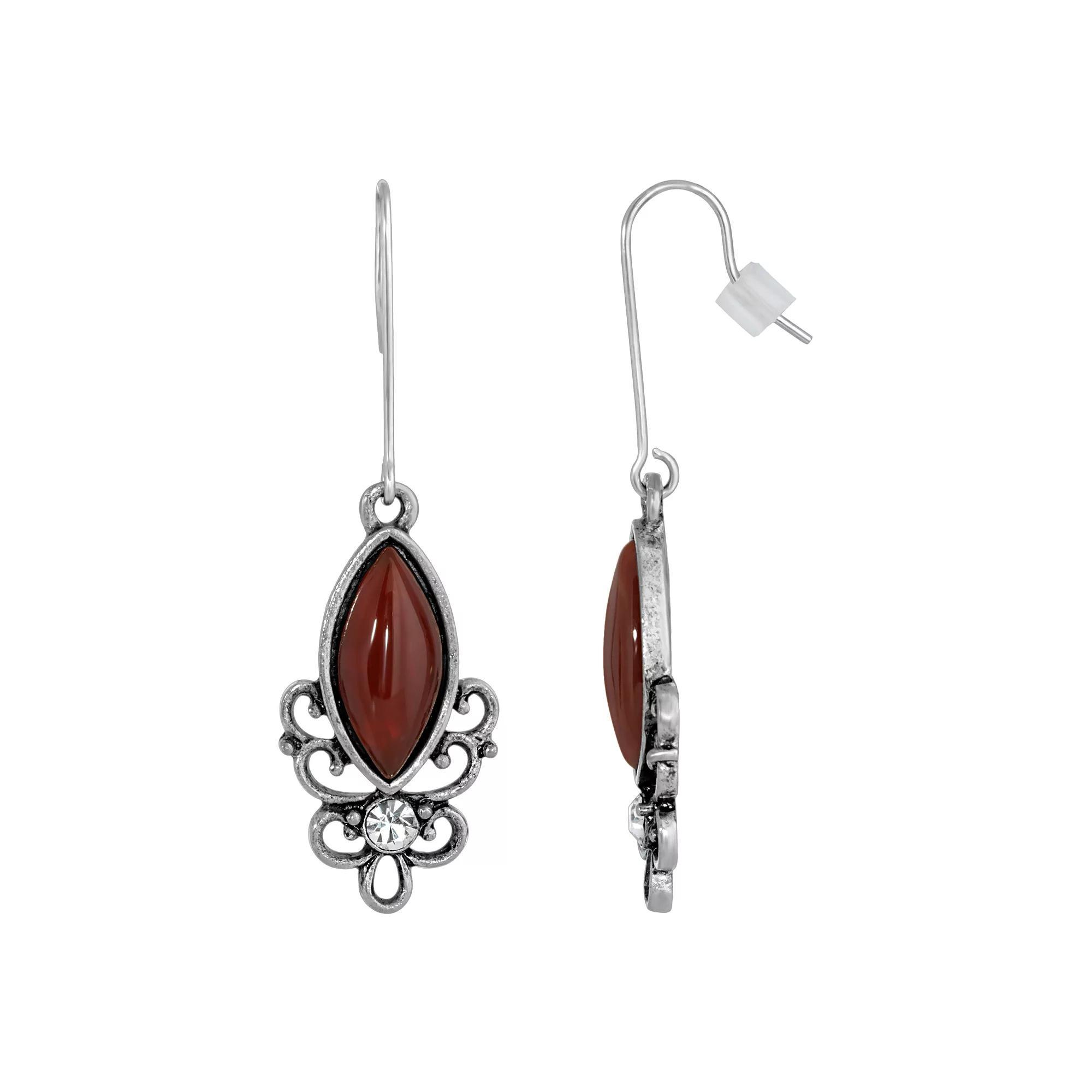1928 Silver Tone Stone Filigree Drop Earrings, Womens, Red Product Image