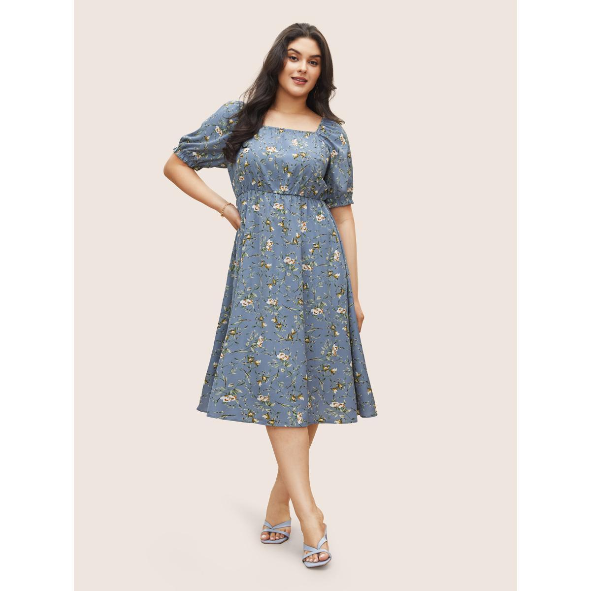 Plus Size Ditsy Floral Square Neck Elastic Waist Gathered Dress Stone Women Elegant Non Square Neck Short sleeve Curvy Midi Dress BloomChic 30/6X Product Image