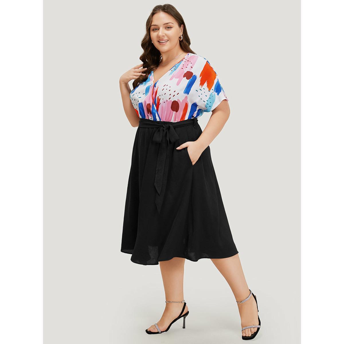 Plus Size Brush Print Surplice Neck Belted Patchwork Flutter Dress Black Women Office Wrap V-neck Short sleeve Curvy Midi Dress BloomChic 12/L Product Image