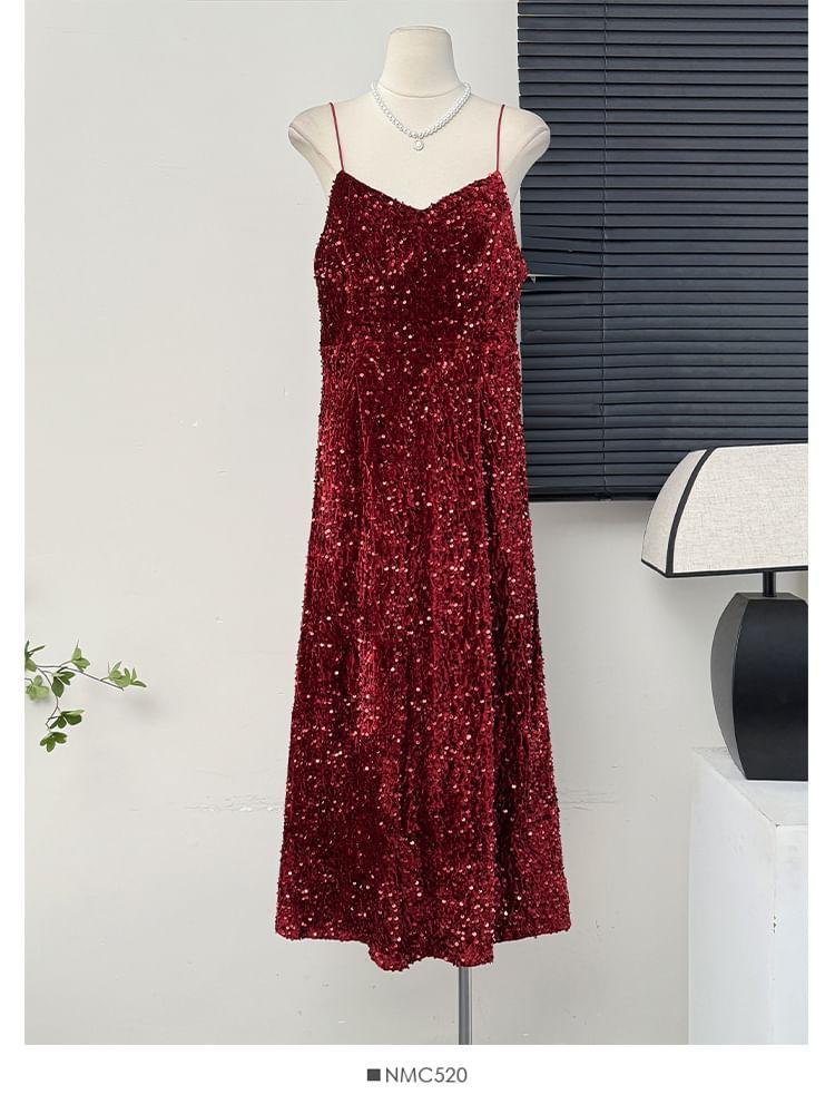 Velvet Sequined Sleeveless V-Neck Maxi Dress Product Image