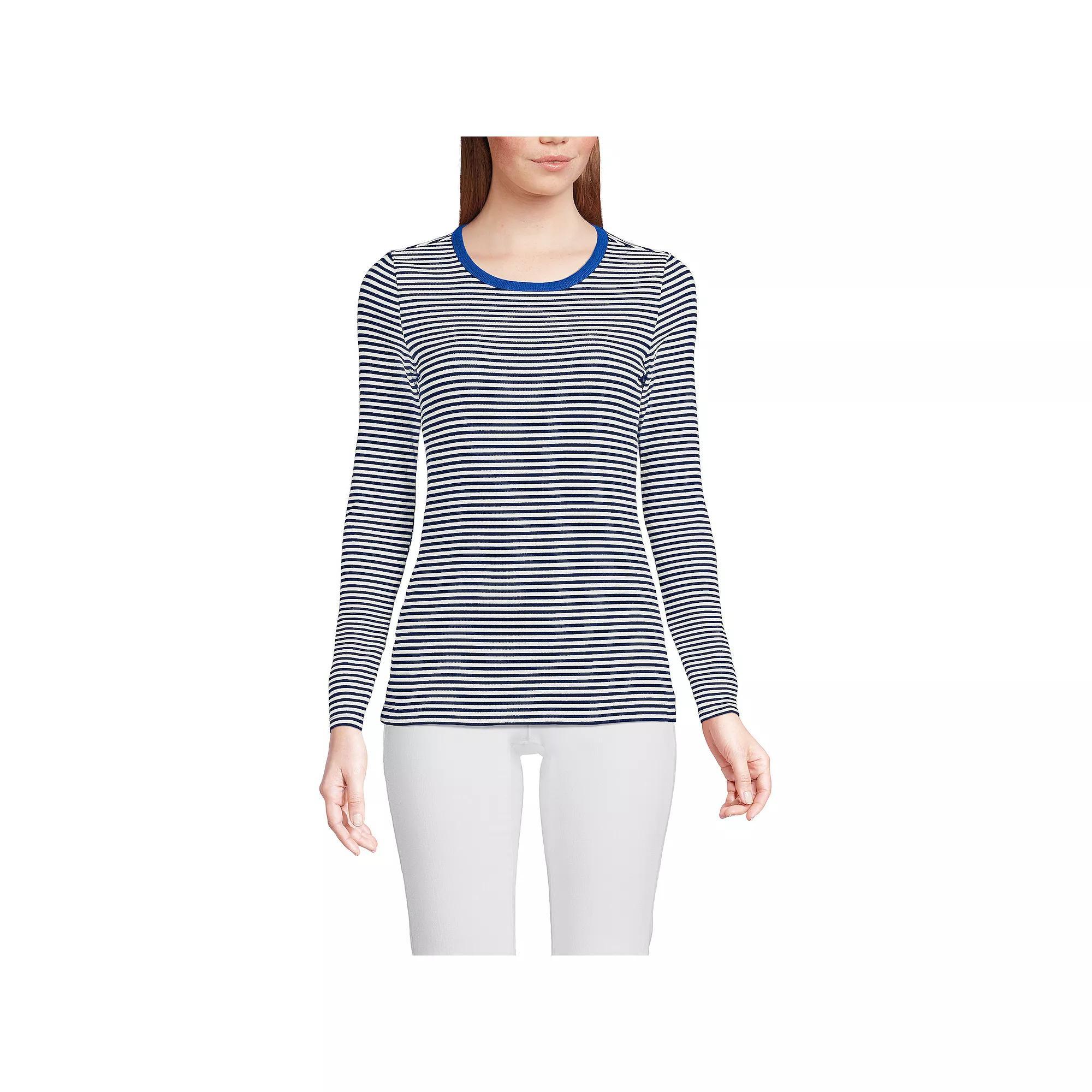 Women's Lands' End Micro Rib Tee, Size: Large, Blue Mini Stripe Product Image