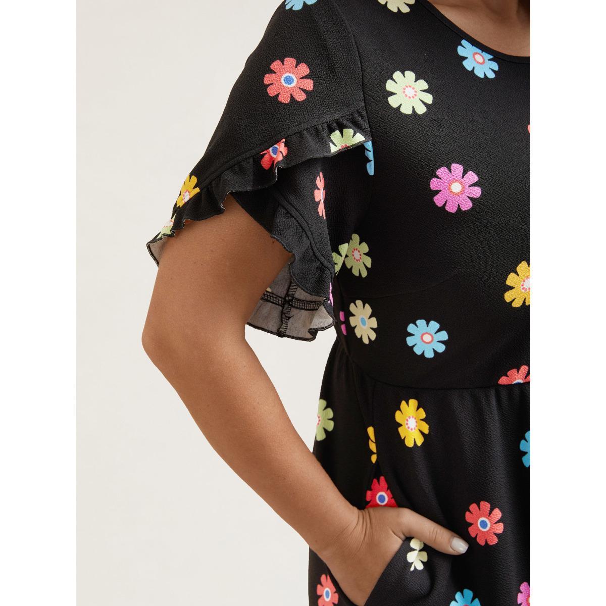 Plus Size Stretchy-Waist Floral Print Pockets Midi Dress Black Women Casual Texture Knit Dresses Bloomchic 26/4X Product Image