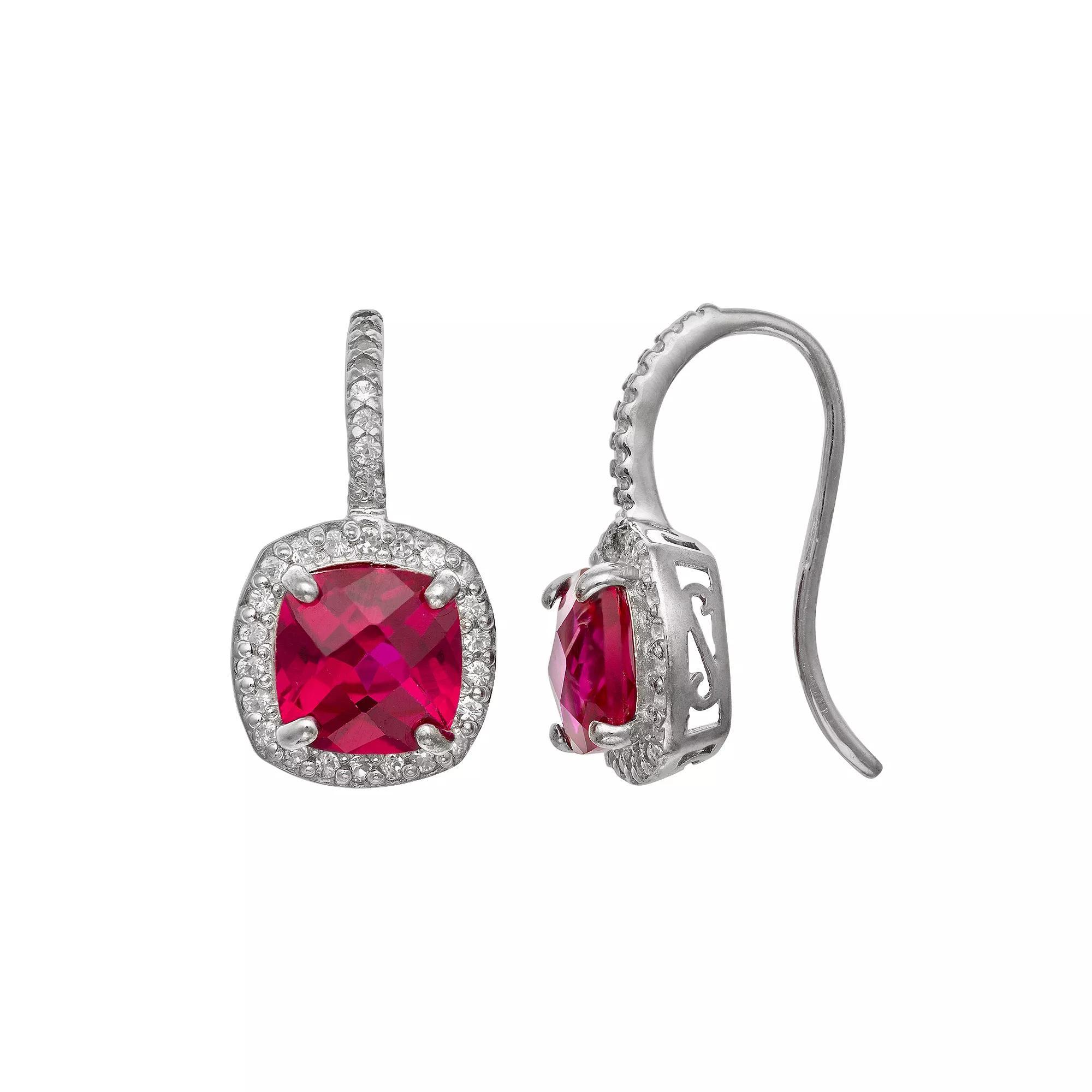 Sterling Silver Lab-Created Ruby and Lab-Created White Sapphire Halo Drop Earrings, Women's, Multi Product Image