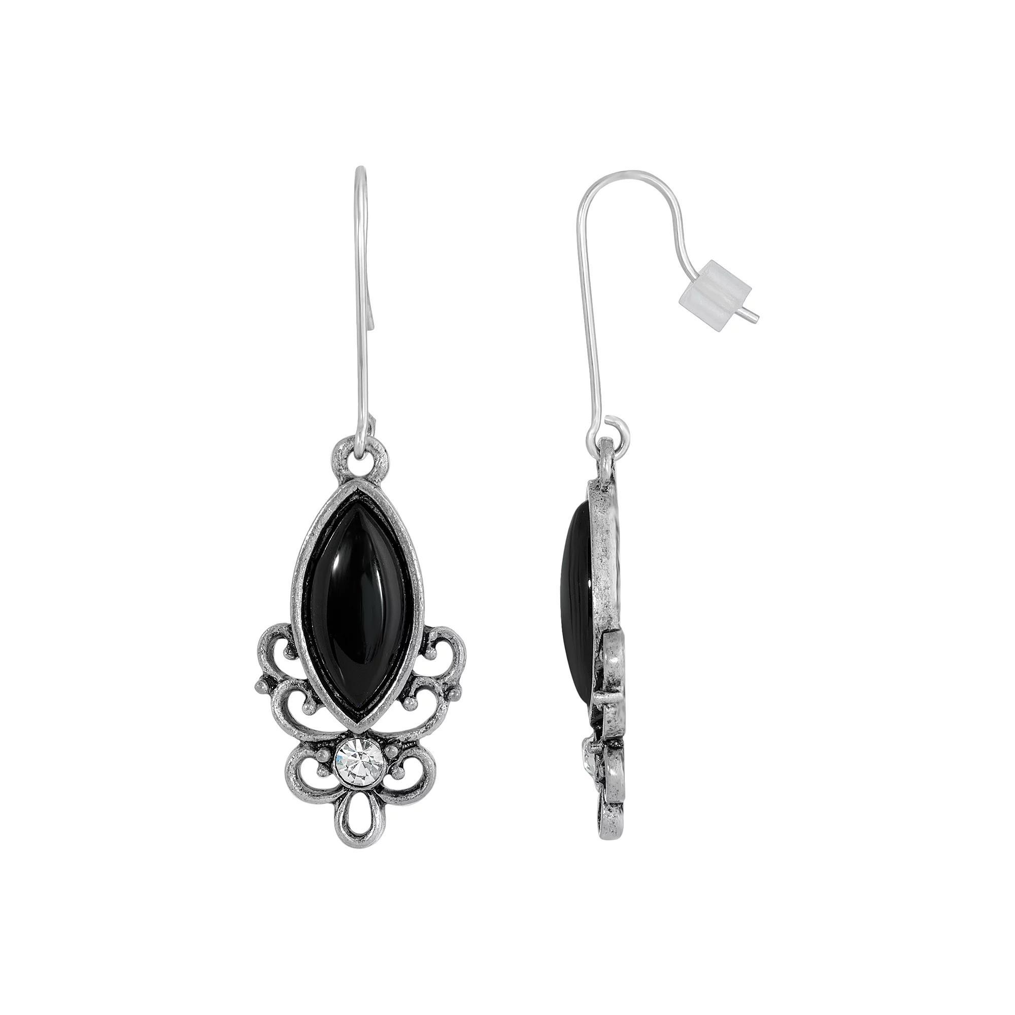 1928 Silver Tone Stone Filigree Drop Earrings, Womens, Black Product Image