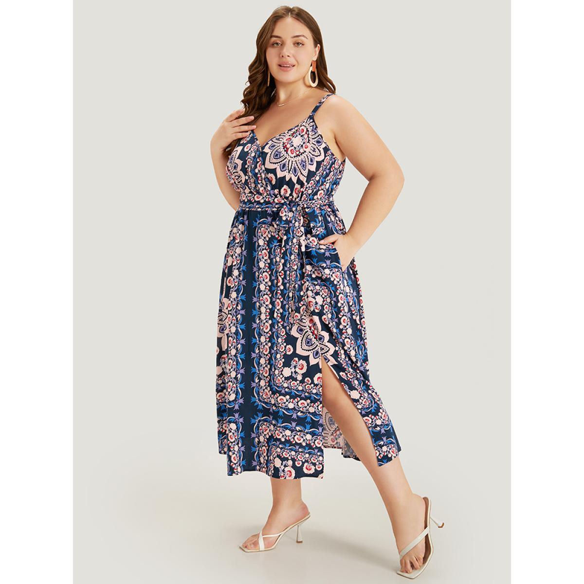 Plus Size Boho Print Belted Split Hem Pocket Cami Dress DarkBlue Women Vacation Gathered V-neck Sleeveless Curvy Midi Dress BloomChic 30/6X Product Image