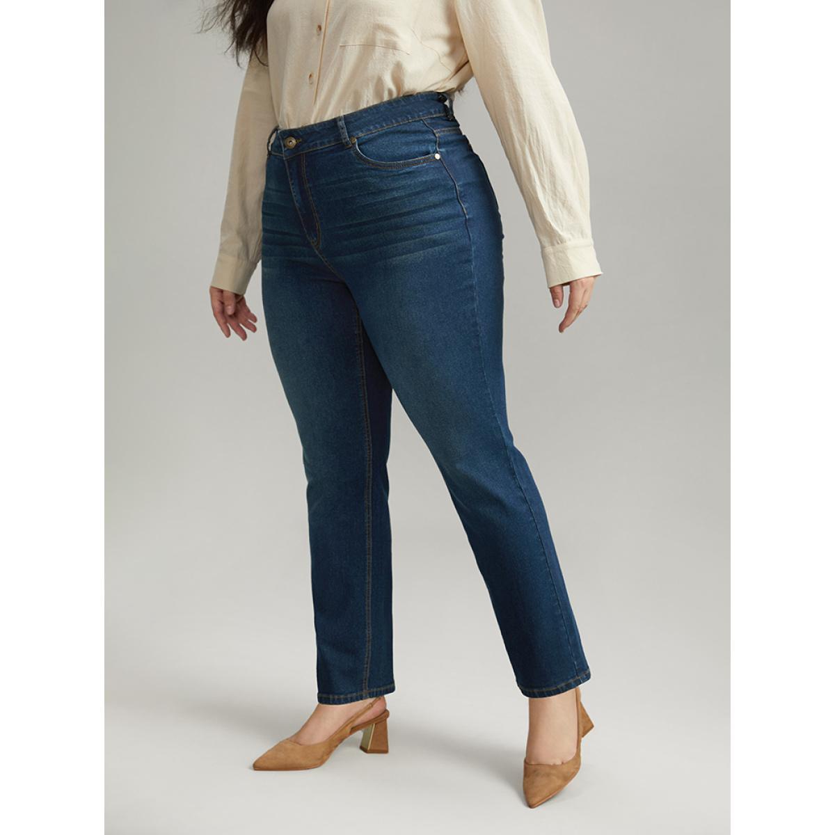 Plus Size Plain Straight Leg Zipper Fly Jeans Women Indigo Casual Plain Pocket High stretch Pocket Jeans BloomChic 30/6X Product Image