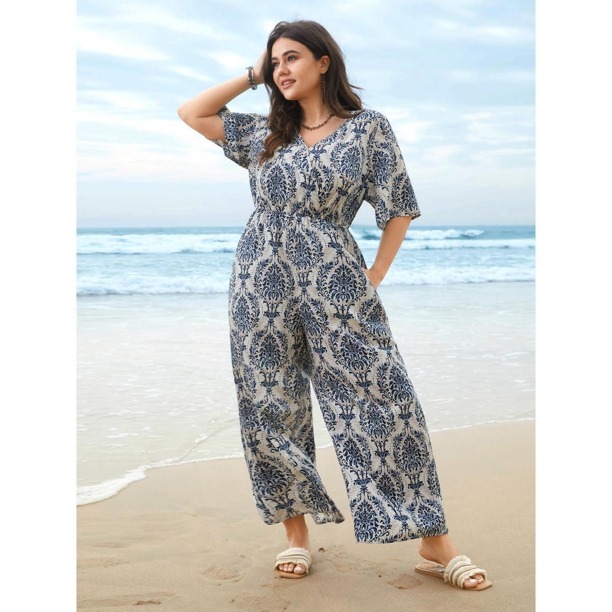 Plus Size Mediumblue Surplice Neck Ornate Print Ties Straight-Leg Jumpsuit Women Resort Half Sleeve Overlap Collar Vacation Loose Jumpsuits BloomChic 22-24/3X Product Image