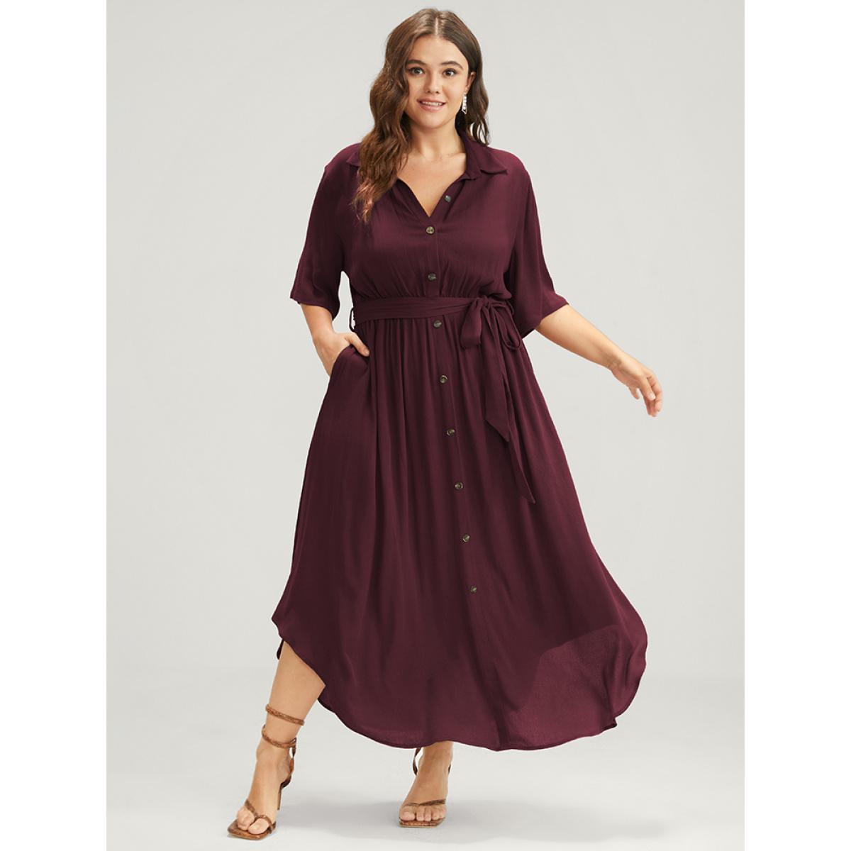 Belted Shirt Collar Button Plus Size Shirtdress Women Workleisure Plain Sleeve Short Sleeve Shirt Collar Pocket Workwear Long Dress BloomChic Product Image