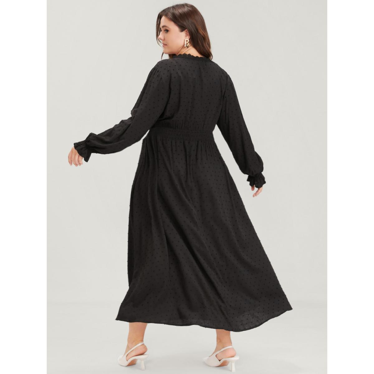 Plus Size Polka Dot Pocket Lantern Sleeve Lace Trim Shirred Dress Black Women Elegant Cross straps V-neck Long Sleeve Curvy Long Dress BloomChic 10/M Product Image